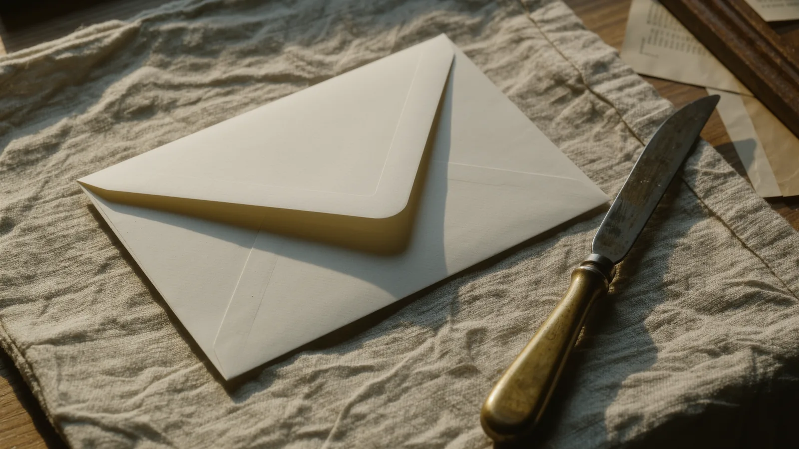 A sealed ivory envelope with a brass letter opener