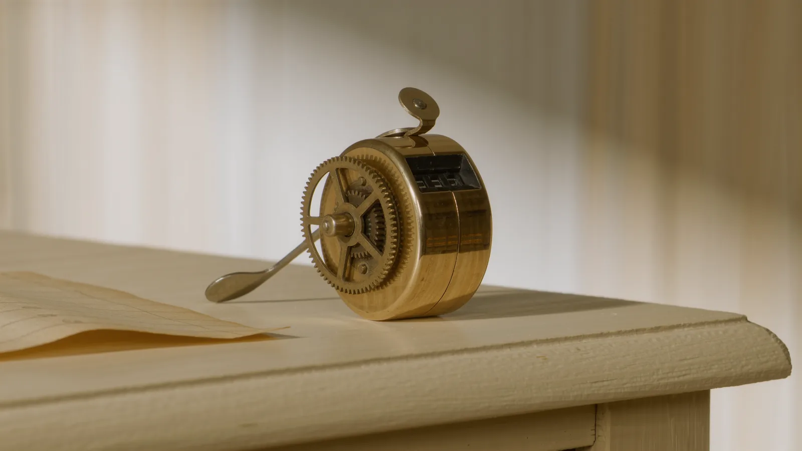 A ruled ivory ledger with a brass pen laid across it