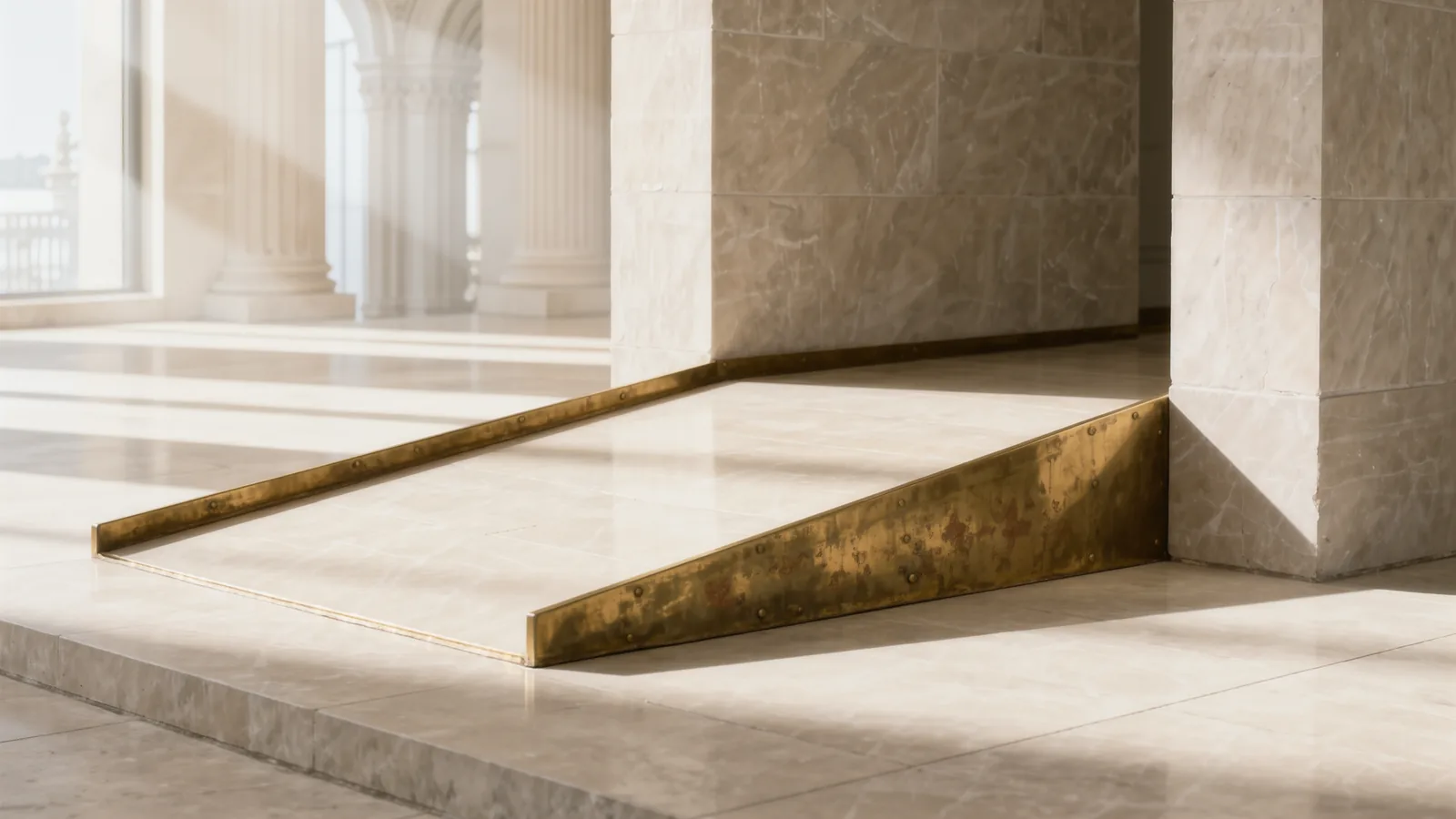 A brass handrail against a pale stone wall