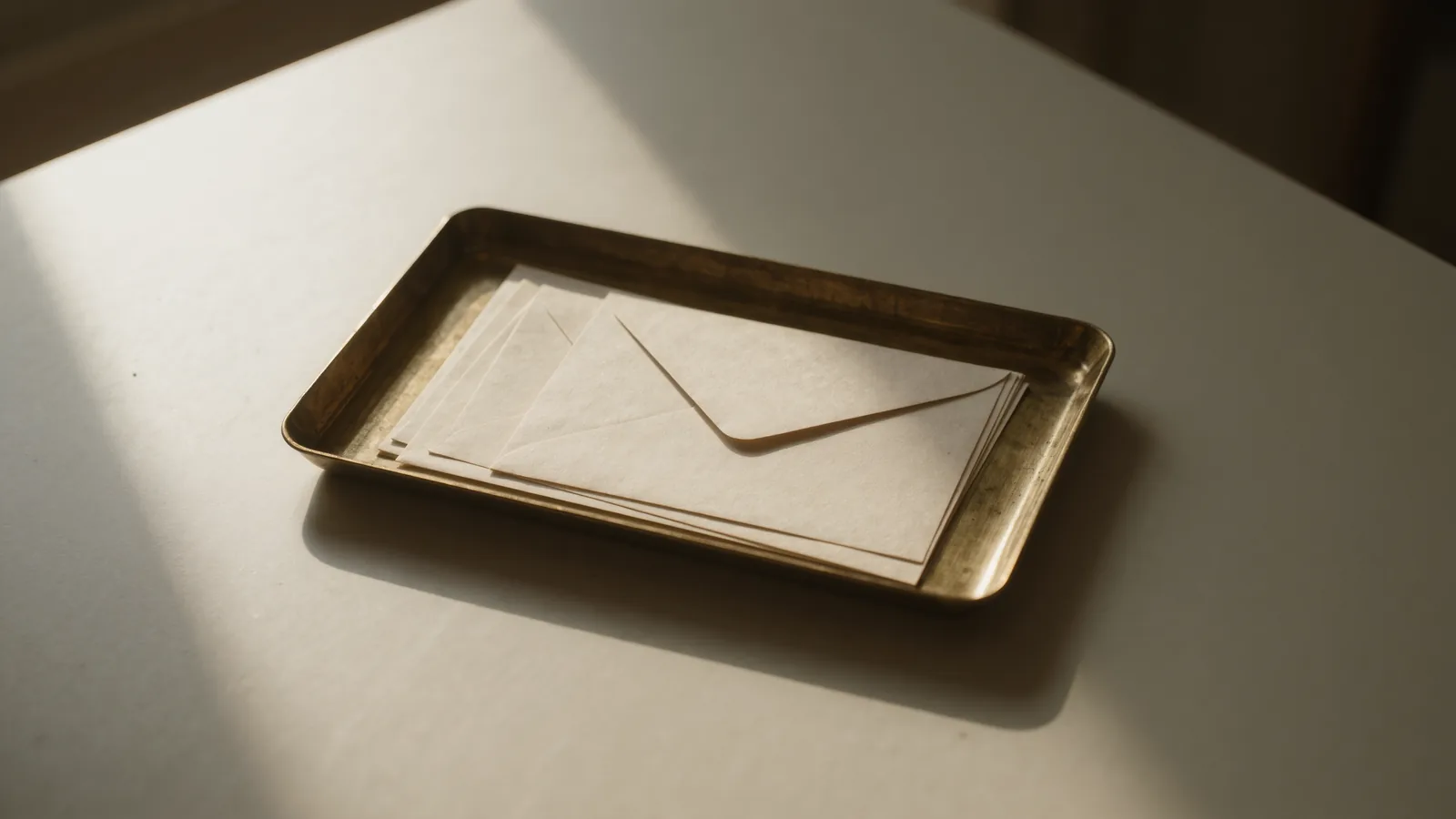 A small brass letter tray holding three cream reply cards