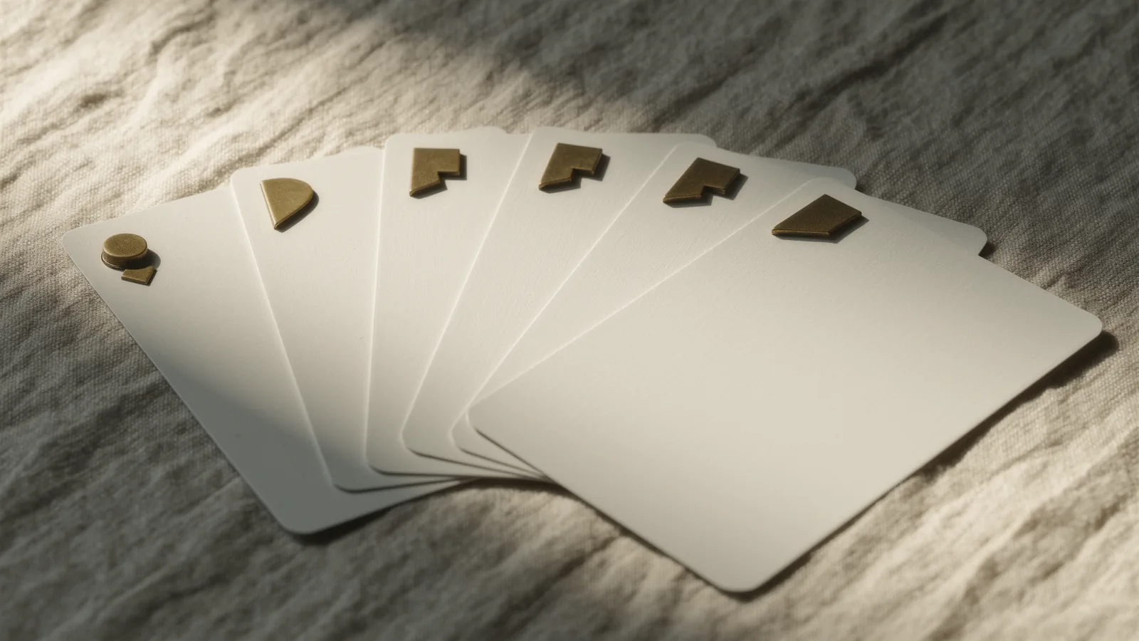 Six ivory cards fanned out, each with a different brass corner mark