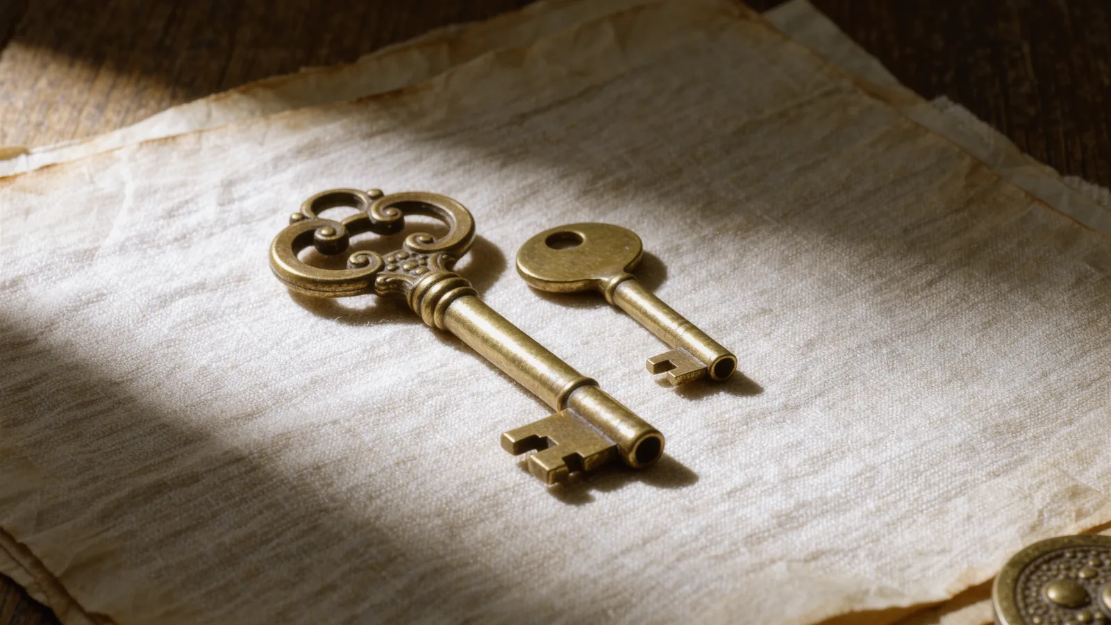 A second smaller brass key lying beside a large ornate one on ivory linen