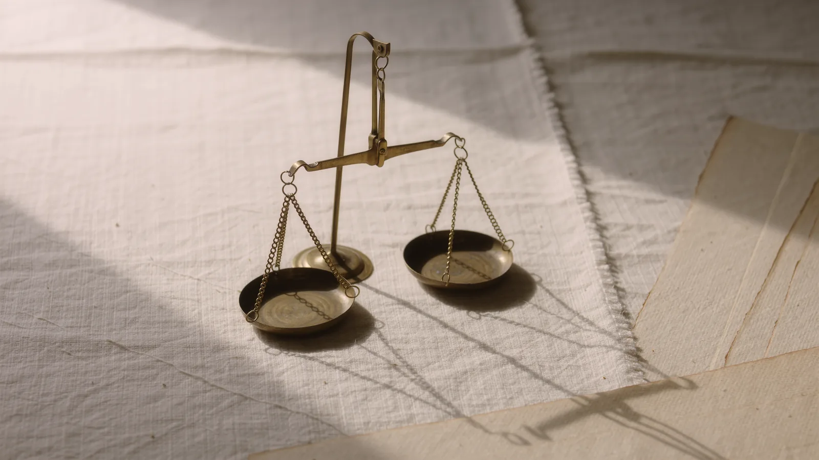 A brass balance scale in equilibrium on ivory linen