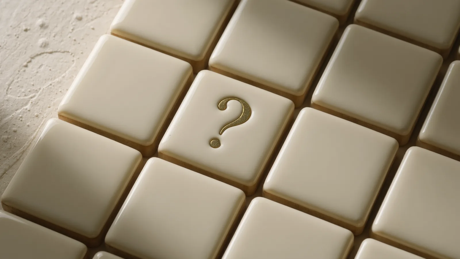 Ivory tiles laid out in a grid with a single question mark impressed into one