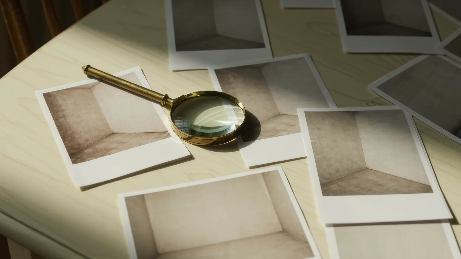 Printed photographs spread on an ivory table with a brass loupe