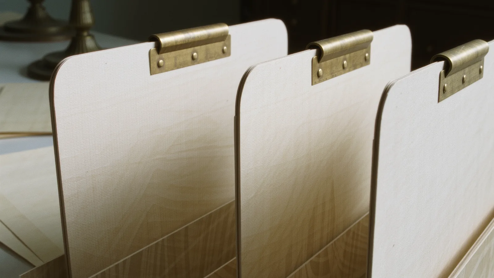 Three ivory index cards in a brass holder, each with a different tab