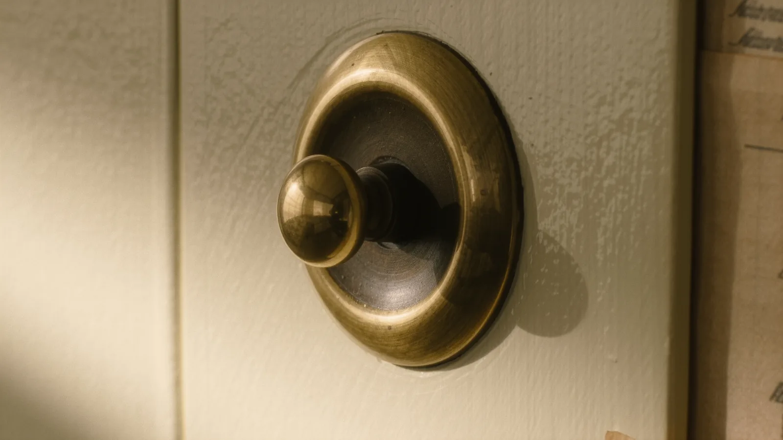 A brass bell push set into an ivory panel