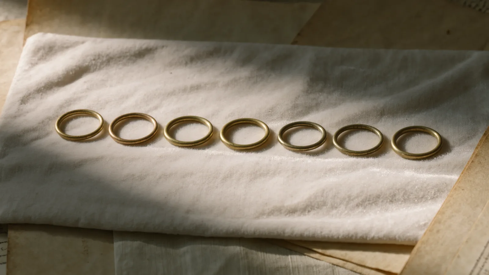 Several identical brass rings arranged in a row on ivory cloth