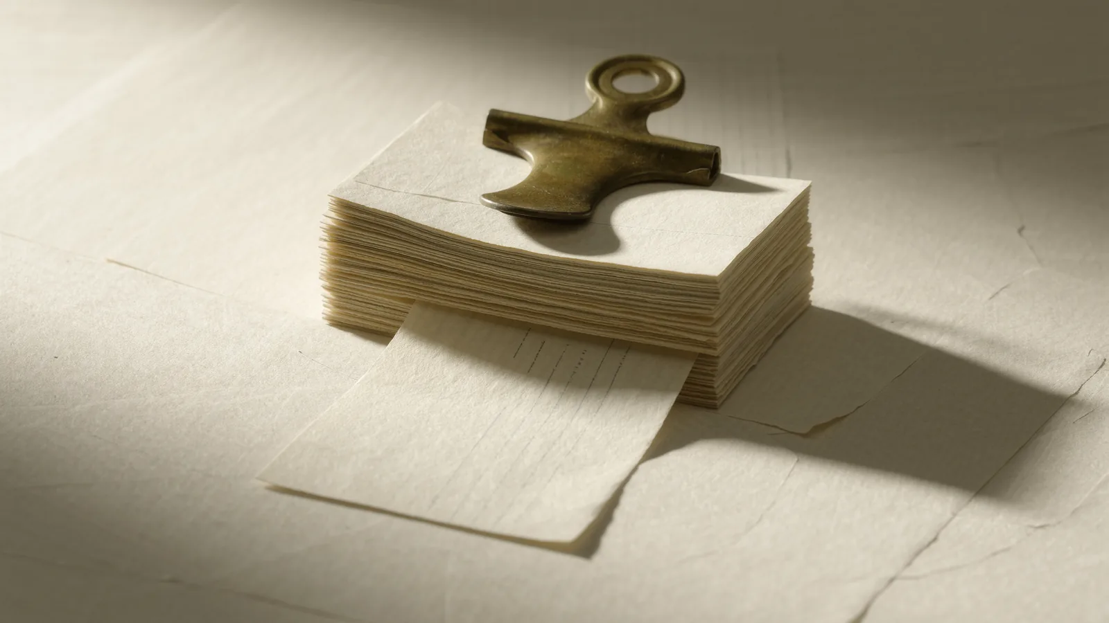 Many small paper slips gathered under a single brass clip