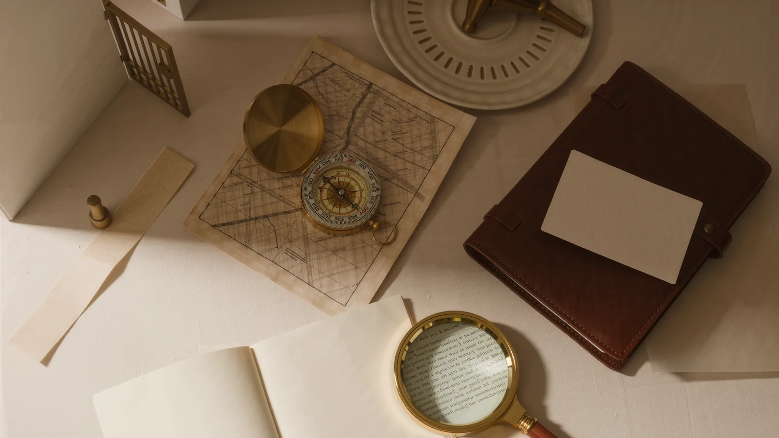 A narrow brass funnel standing over a small ivory bowl, warm side light