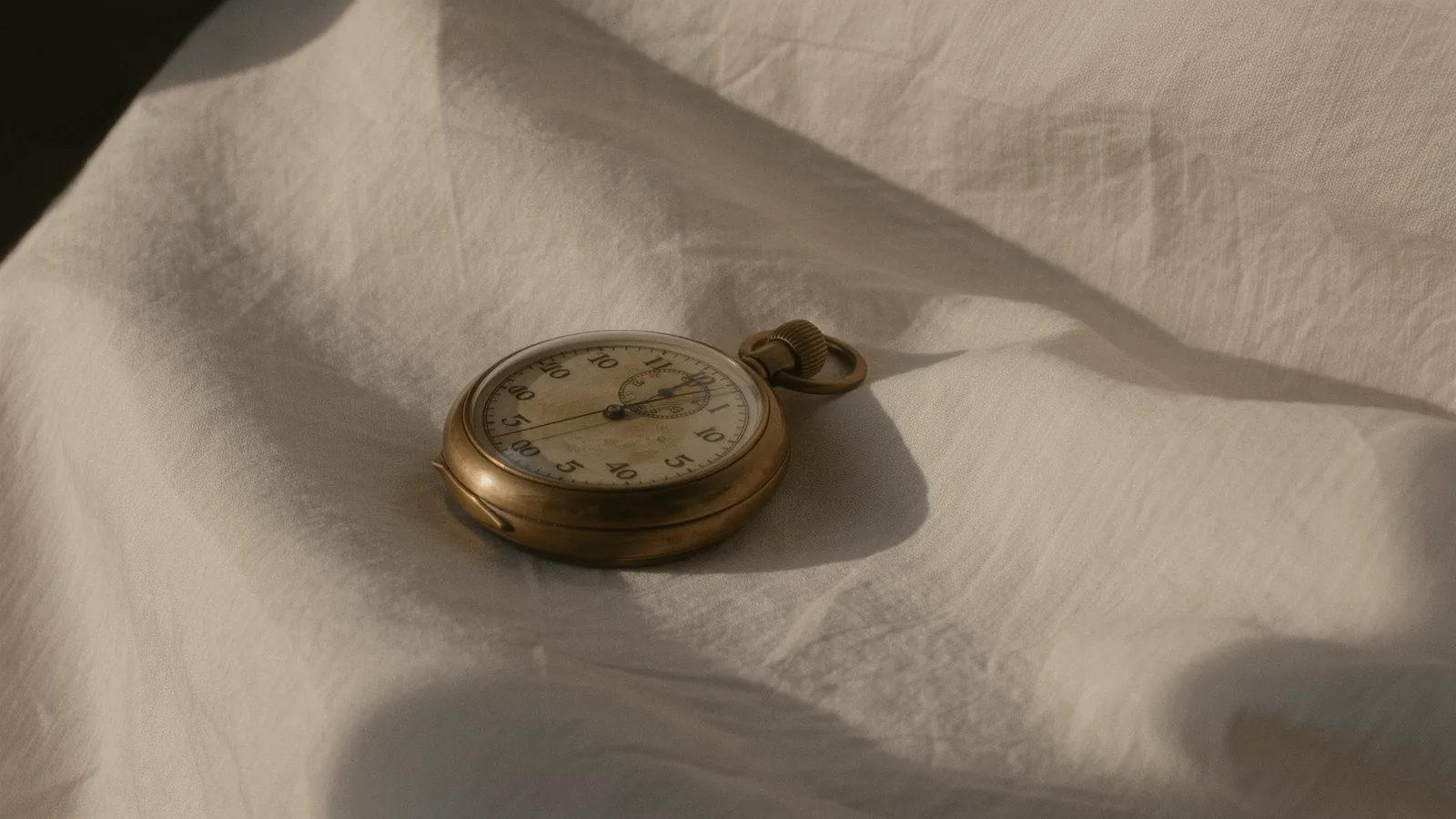 A brass pocket watch resting on ivory cloth