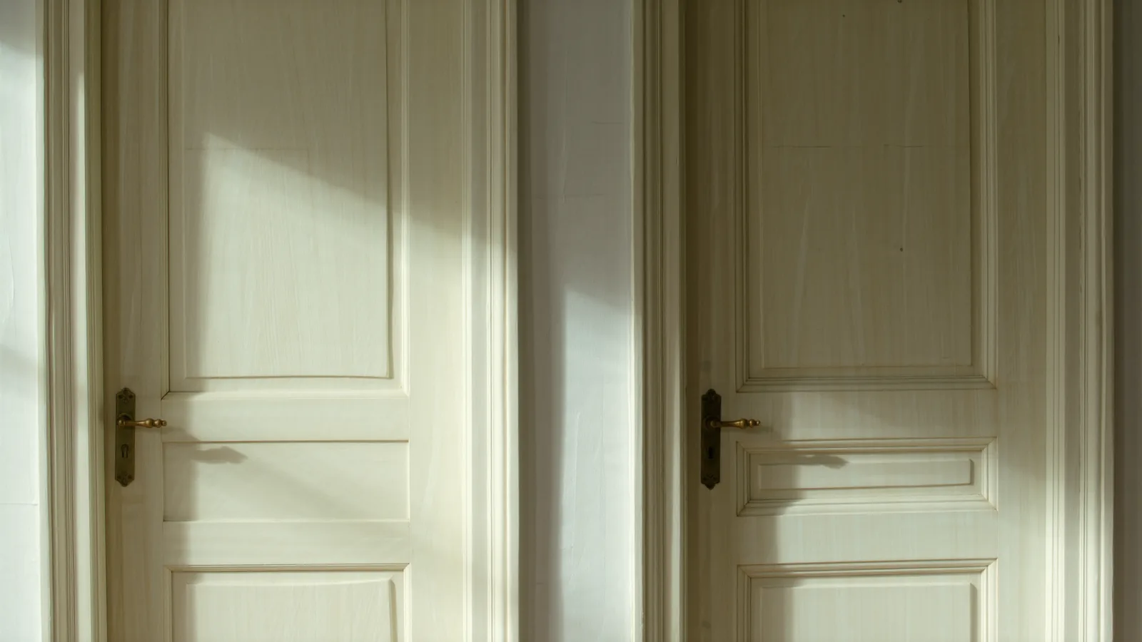 Two ivory doors side by side, one narrow and one wide, brass handles