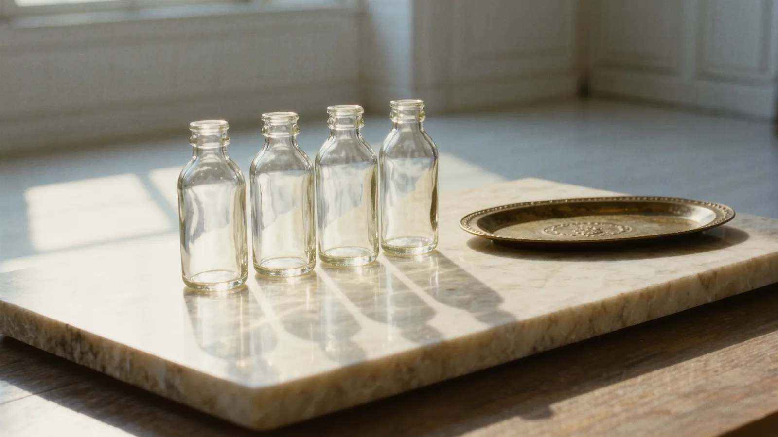 A small brass clock face on a pale counter