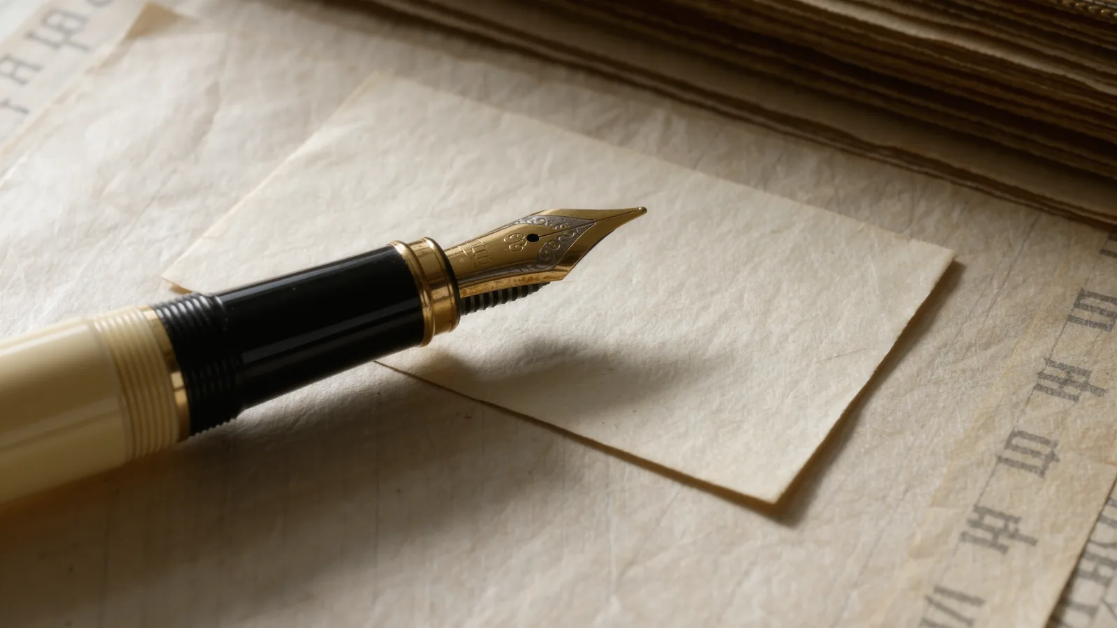 A fountain pen resting on a short handwritten note on cream paper