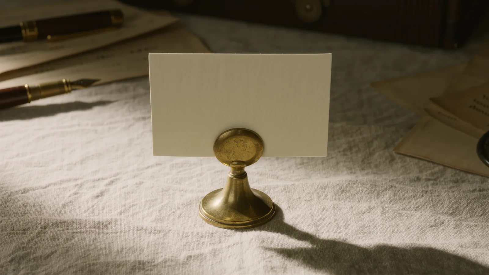 A brass price card holder on ivory linen