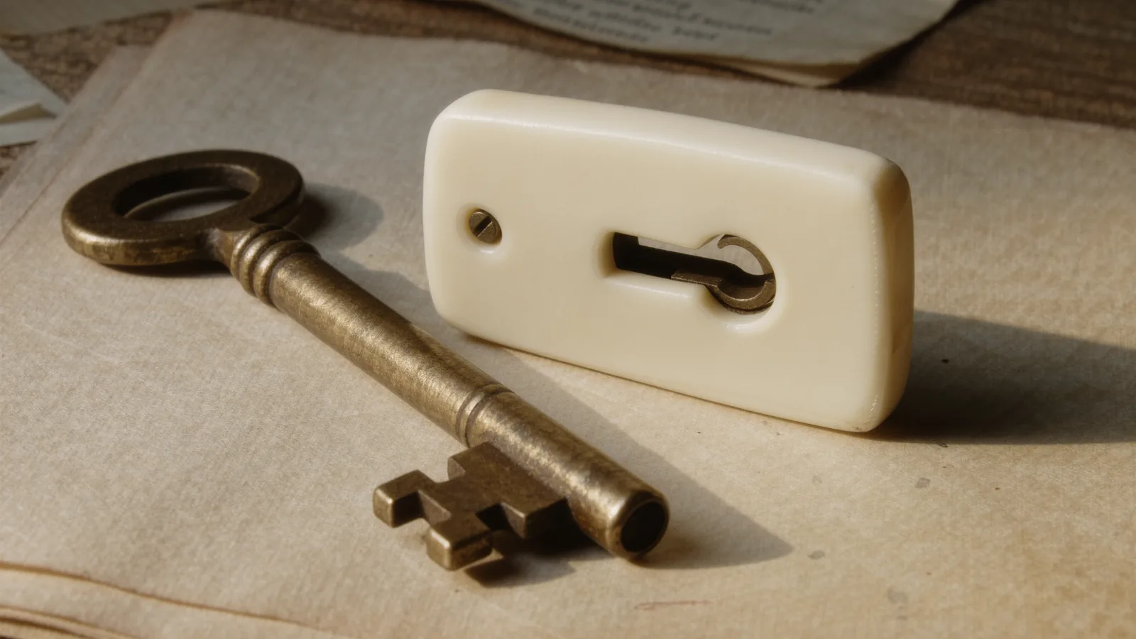 Una llave de latón junto a una placa de cerradura marfil cerrada
